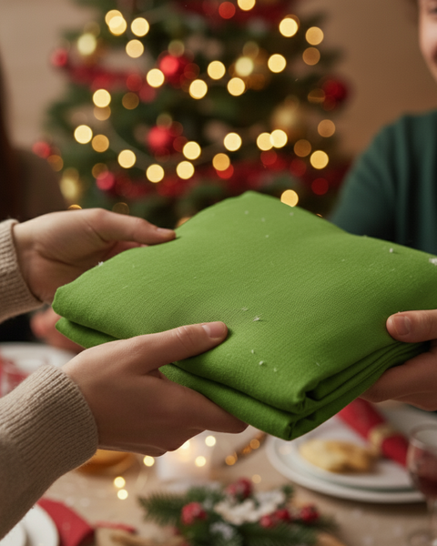 A festive scene showing hands exchanging a neatly folded forest green linen tablecloth, with a decorated Christmas tree and holiday dinner table softly blurred in the background.