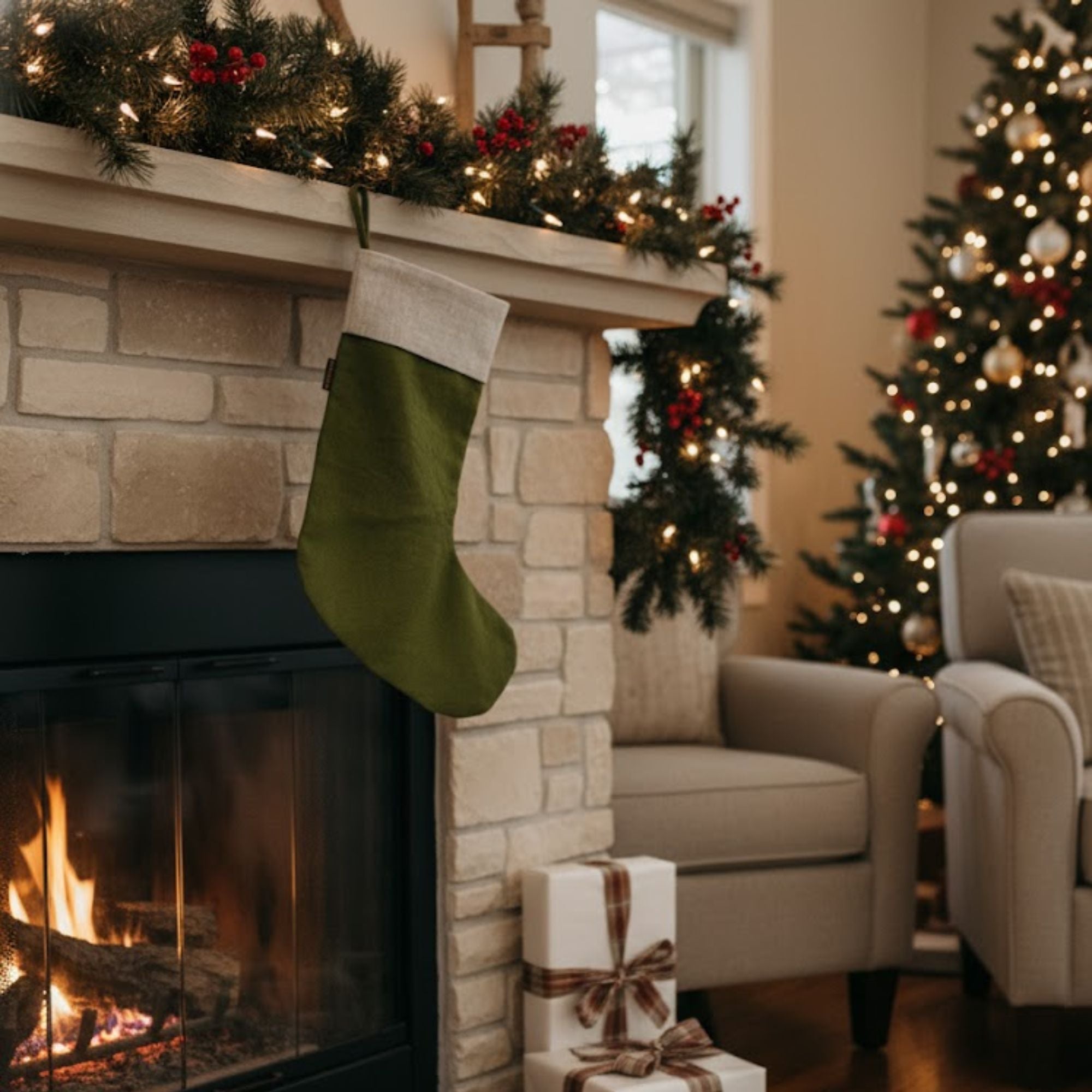 Cozy living room with Christmas tree, stockings, and fireplace.