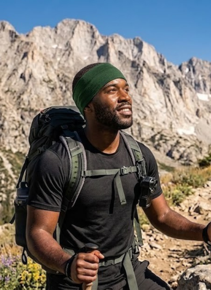 A man hiking outdoors with rugged, rocky mountain peaks in the background. He is wearing a black short-sleeved t-shirt and a wide green headband. He is carrying a large, loaded hiking backpack and holding a trekking pole, looking upward and off to the side with a slight smile.