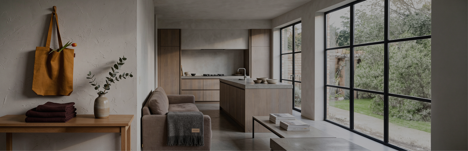 A wide panoramic shot of an open-plan, minimalist home with a natural, earthy aesthetic. On the left, a wooden console table sits against a textured wall, styled with folded burgundy linens, a vase of eucalyptus, and a yellow tote bag hanging above it. In the center, a beige sofa with a draped grey blanket acts as a divider between the entryway and a modern kitchen featuring light wood cabinetry, concrete countertops, and a large central island. 