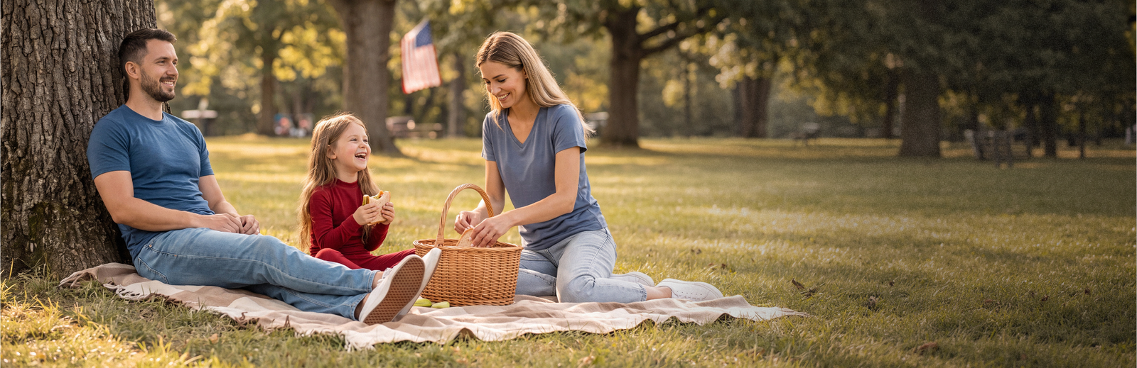 A family enjoys a picnic in a sunny park for the Fourth of July, with a father, mother, and young daughter sitting on a blanket beneath a large tree. The parents wear blue merino wool T-shirts while the child wears a red merino wool outfit, creating a subtle patriotic color theme with an American flag in the background.