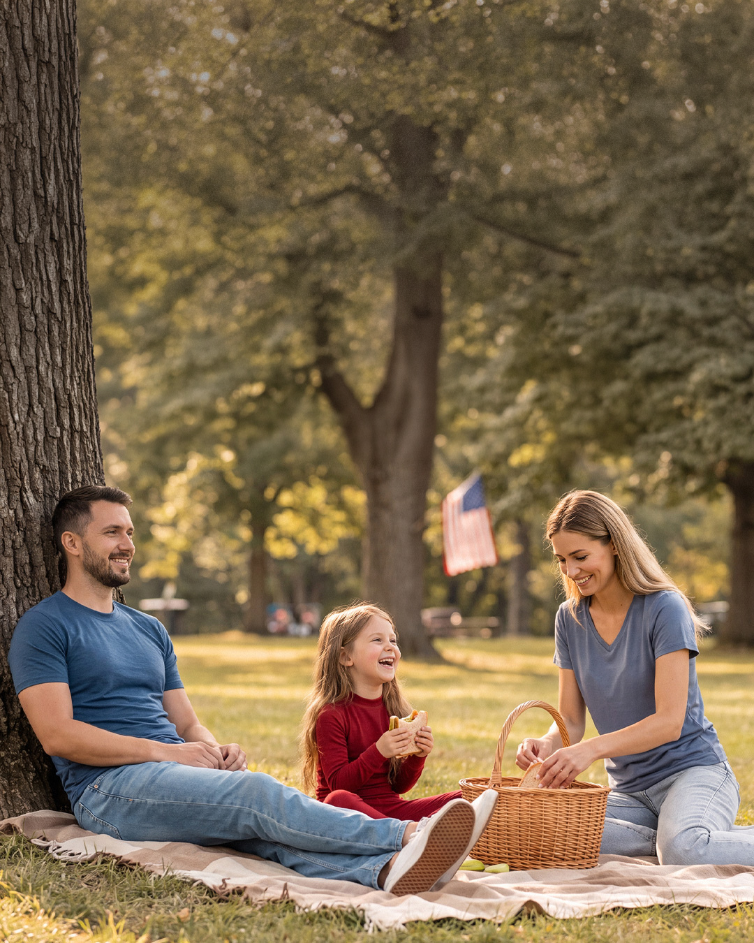 A family enjoys a picnic in a sunny park for the Fourth of July, with a father, mother, and young daughter sitting on a blanket beneath a large tree. The parents wear blue merino wool T-shirts while the child wears a red merino wool outfit, creating a subtle patriotic color theme with an American flag in the background.