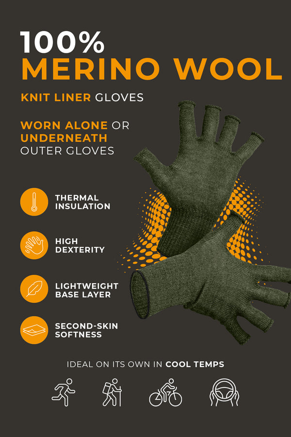 Pair of green 100% merino wool knit liner gloves displayed flat, designed for thermal insulation, high dexterity, lightweight base layering, and second-skin softness when worn alone or under outer gloves.