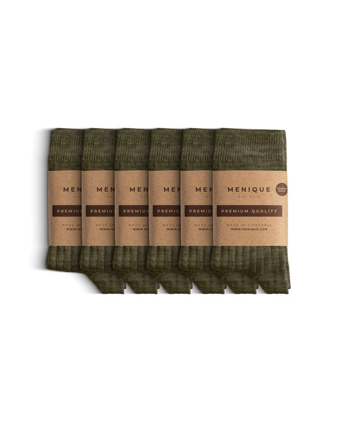 Set of six olive green ribbed thin children’s socks with Menique brown kraft paper labels reading ‘Premium Quality.