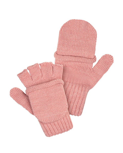 The menique kids&#39; convertible merino gloves in pink color. They are in a white background. One side has a convertible flap, and the other shows the hollow fingertips.