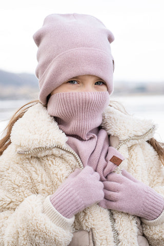 Ensemble 3 pièces pour enfants : bonnet tricoté, dickie et gants - 3-5 ans / Vieux Rose