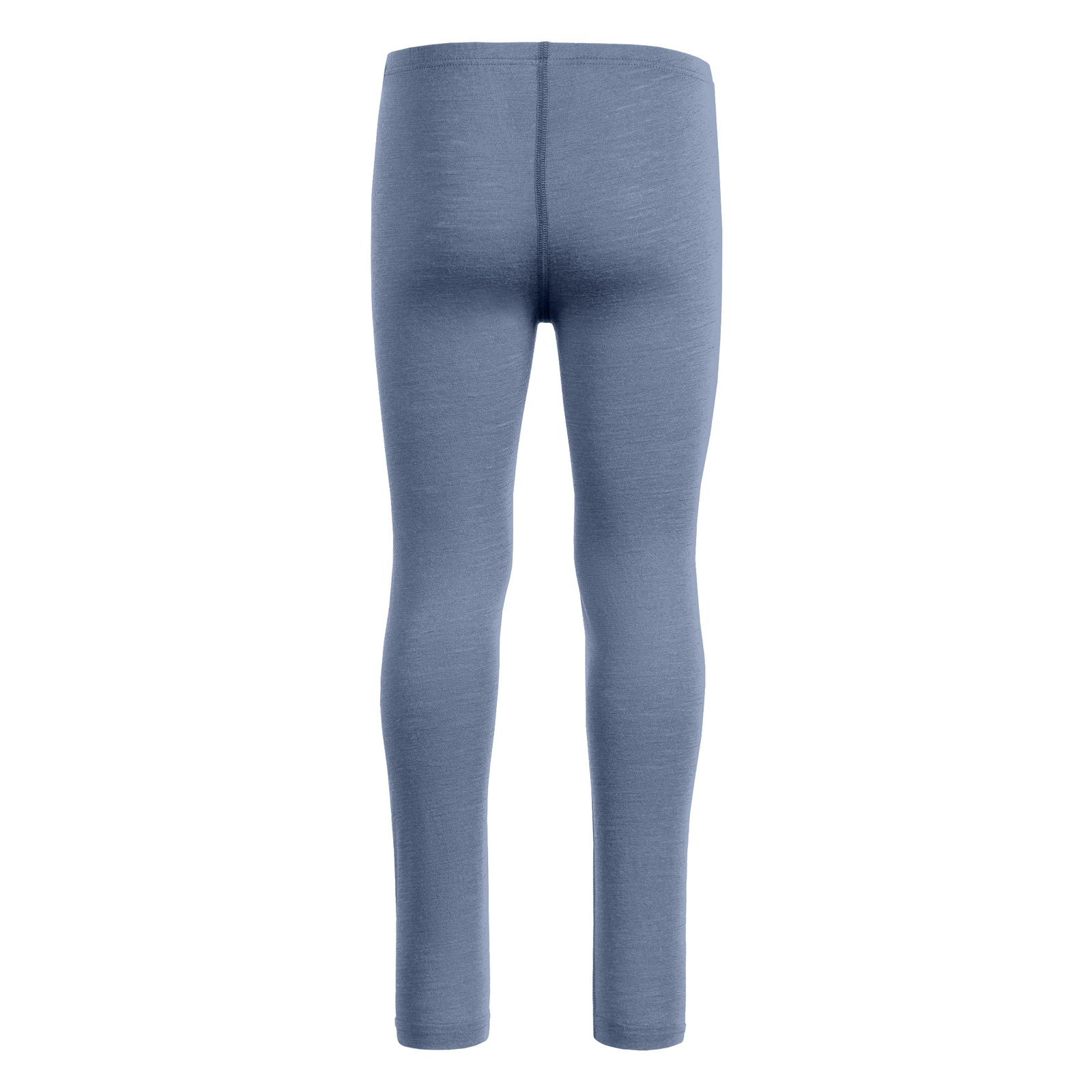 A front-view product shot of children's fitted leggings in a heathered dusty blue color, displayed flat against a pure white background. The leggings feature a simple elastic waistband and a visible center front seam.