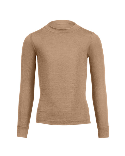 the menique kids&#39; 160gsm merino long sleeve top in beige color, front view.