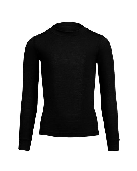 The menique kids&#39; long sleeve top of 160gsm merino in black color, front view.