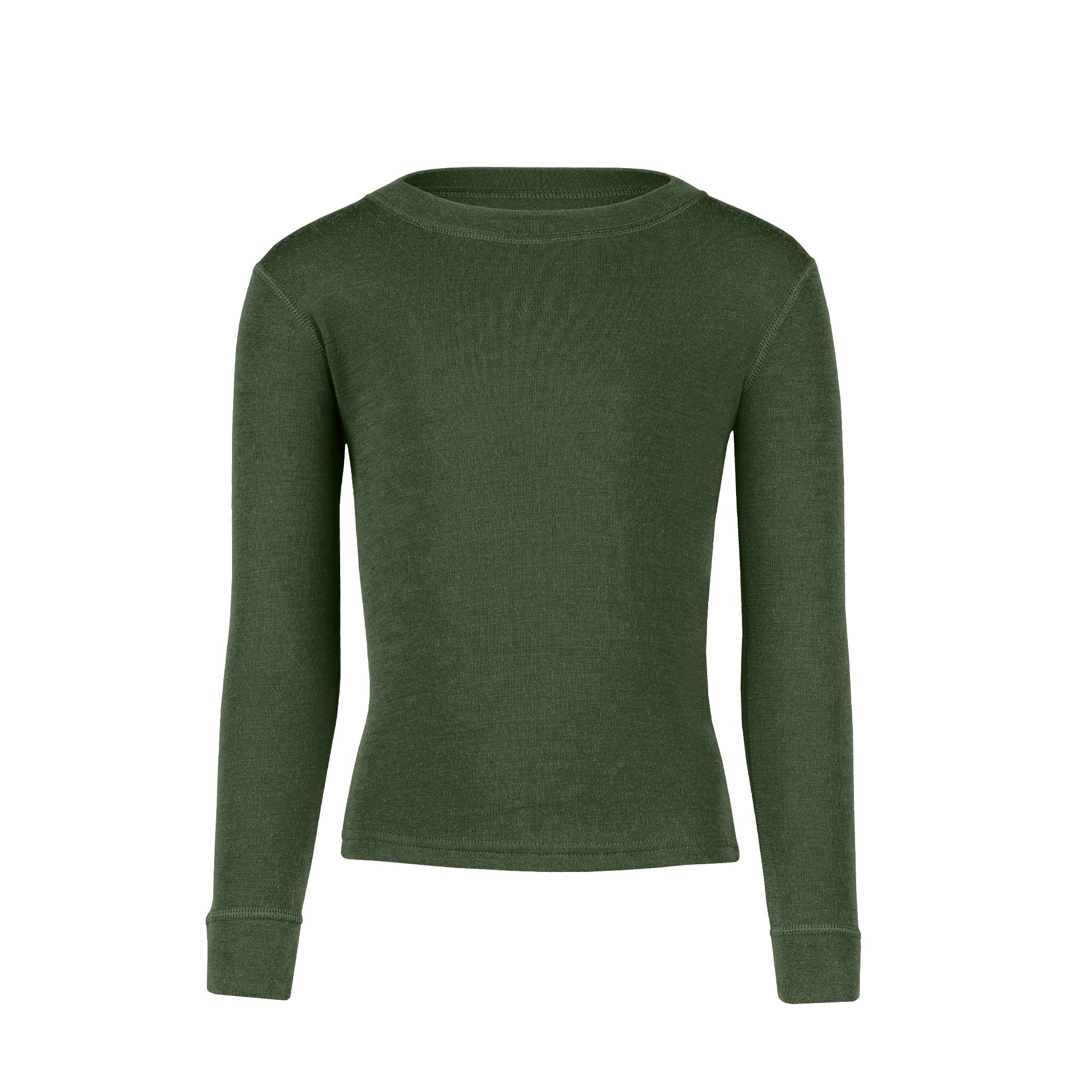 Boy wearing 100% Merino wool long sleeve shirt in the color dark green