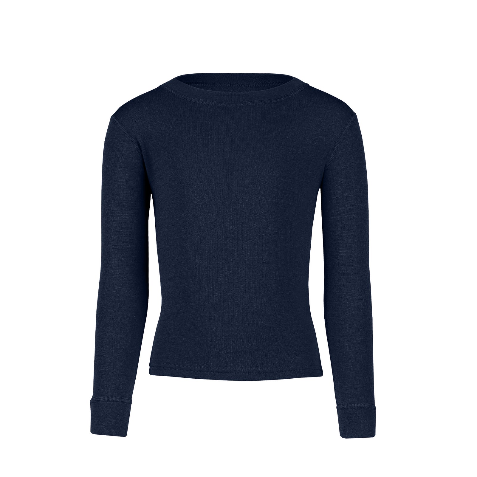 A young girl modeling a long-sleeved navy blue thermal top, standing with one hand on her hip against a white background.