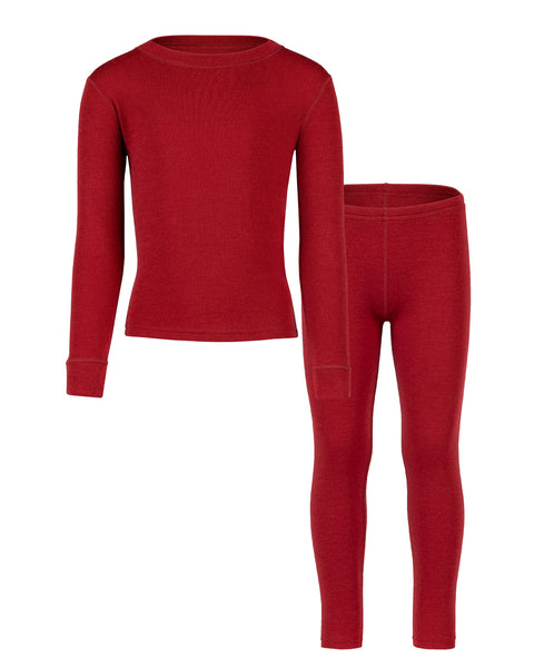 Front view of the kids&#39; menique merino 250gsm two piece set of long sleeve top and pants, in royal cherry color, white background.