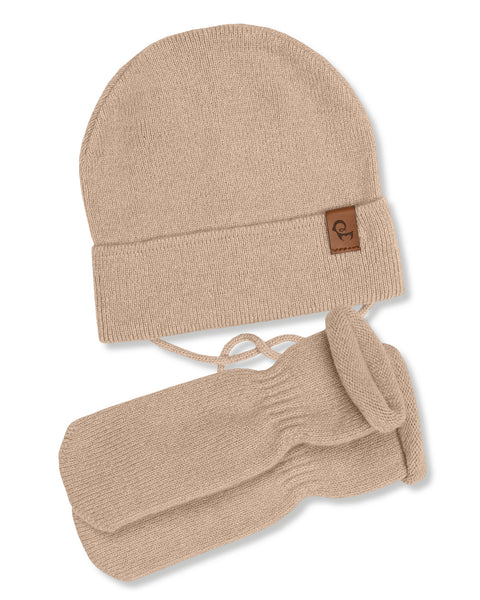 Baby Knit Beanie with Strings &amp; Mittens 2-Piece Set Creamy beige