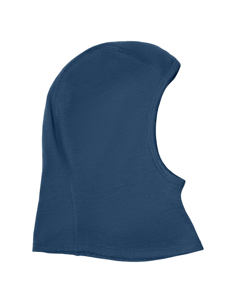 Side-profile product image of a deep slate-blue knit balaclava hood isolated on a white background.