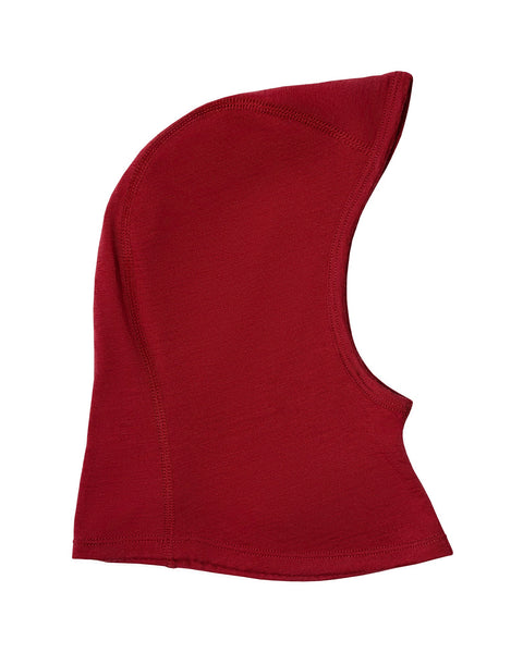 the menique kids&#39; merino balaclava 160gsm in royal cherry color, white background.