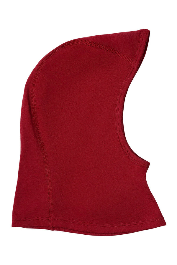 the menique kids' merino balaclava 160gsm in royal cherry color, white background.