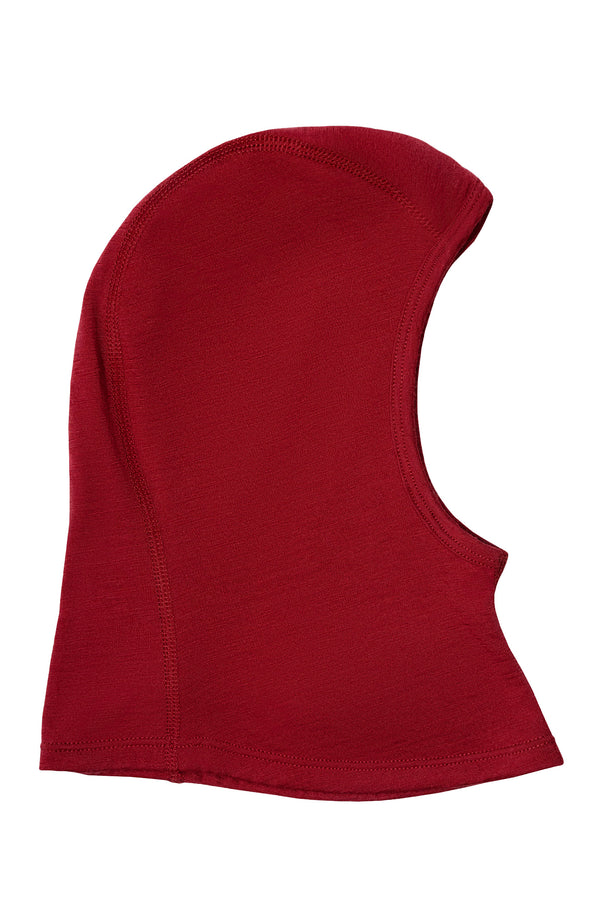 Side-profile product display of a burgundy red knit balaclava hood on a white backdrop.