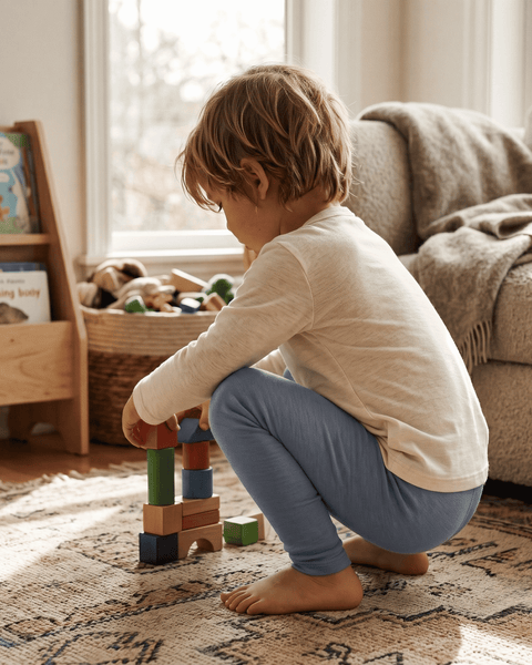 A young child squatting on a patterned rug to build a tower with colorful wooden blocks. The child is wearing a long-sleeved cream shirt and dusty blue leggings in a cozy, sunlit living room with a bookshelf and sofa in the background.