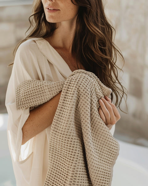 A woman holding a waffle hand towel of 50x70cm dimensions in sand brown color. 