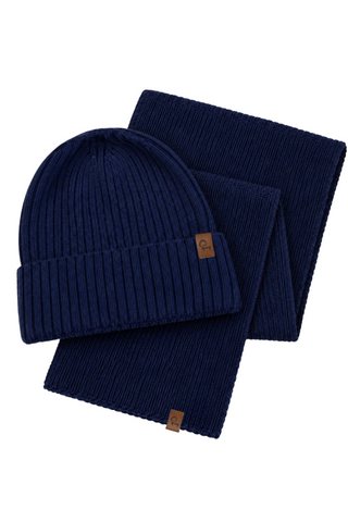 Men's Merino Ribbed Knit Beanie & Scarf Set - One Size / Navy Blue