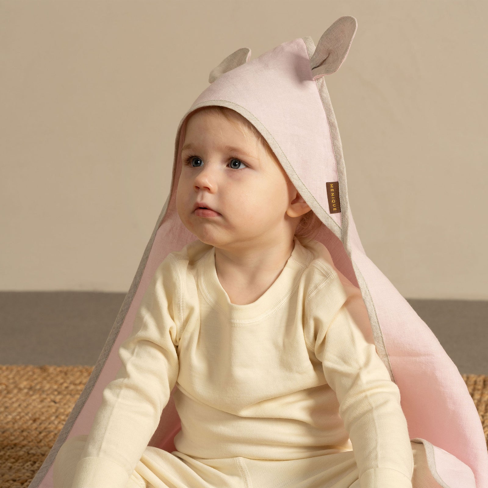 Linen Baby Towel with Ears in dusty pink
