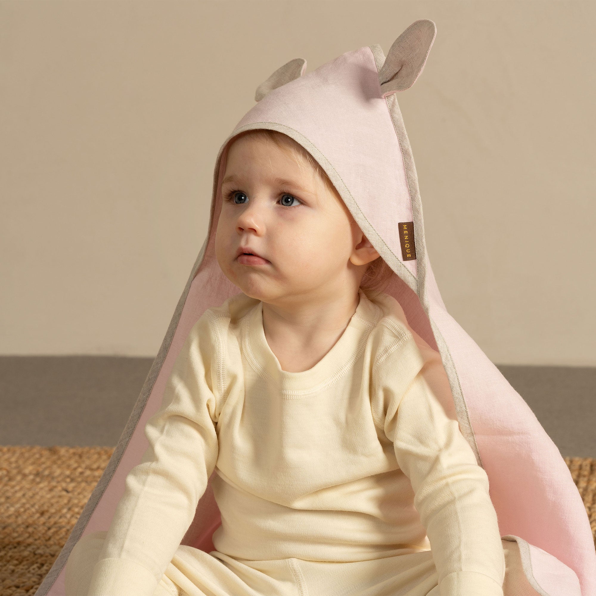 Linen Baby Towel with Ears in dusty pink