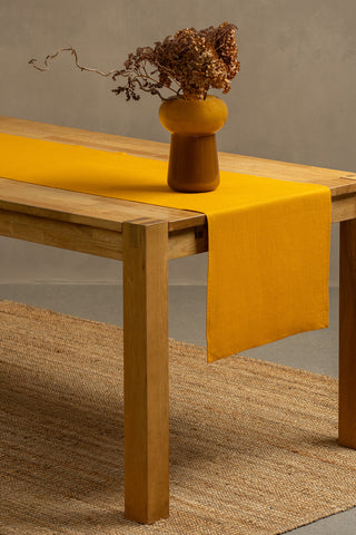 Chemin de table en lin vert foncé - 45 x 140 cm / Jaune moutarde