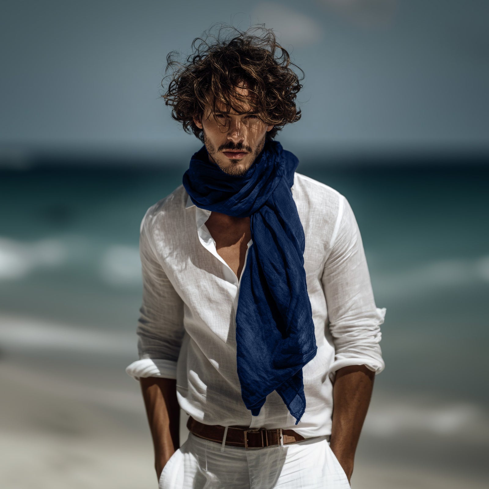 Man wearing a white shirt and orange scarf against a plain background