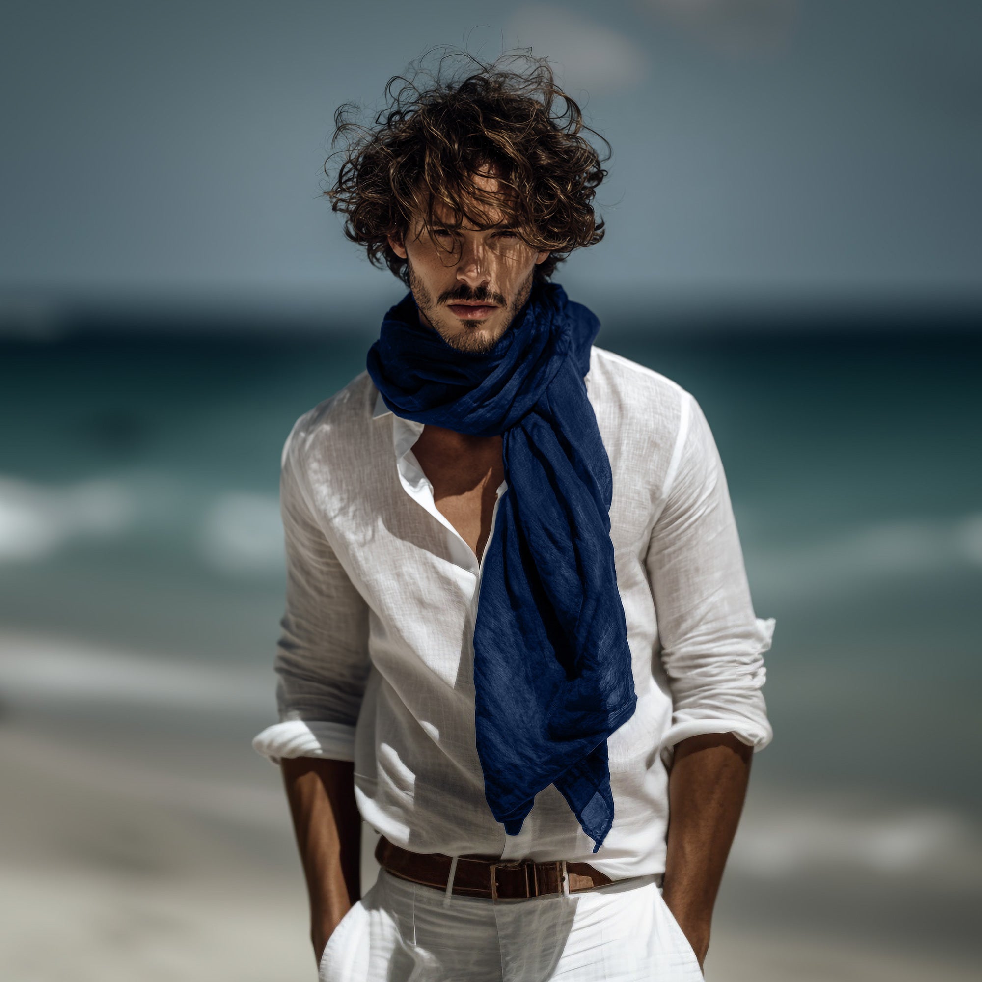 Man wearing a white shirt and orange scarf against a plain background