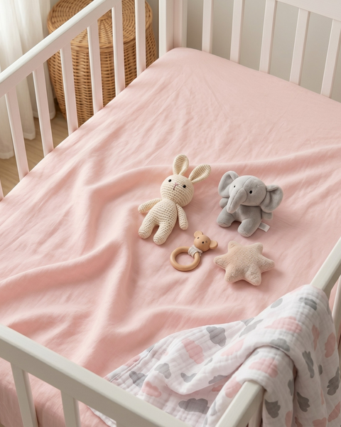 A high-angle view of a white wooden baby crib fitted with a soft pink, textured linen crib sheet. Arranged neatly in the center of the sheet are several small baby toys: a cream-colored crocheted bunny, a plush grey elephant, a wooden ring teether with a bear head, and a plush star. A folded white muslin blanket patterned with pink and grey clouds is draped over the front corner of the crib.