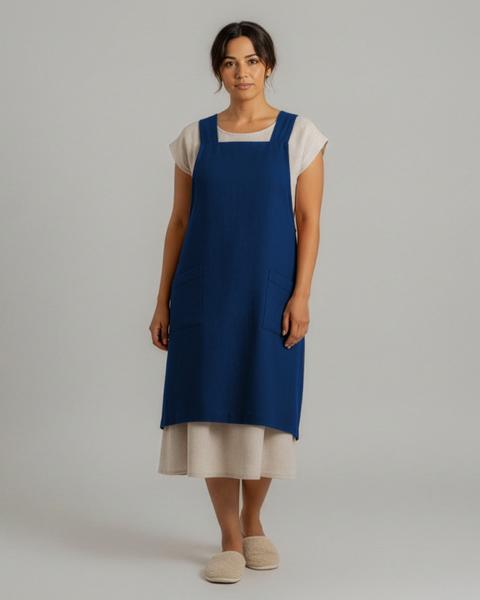 A woman standing against a plain background wearing a storm blue linen Japanese-style apron with two front pockets, layered over a cream dress and slippers.