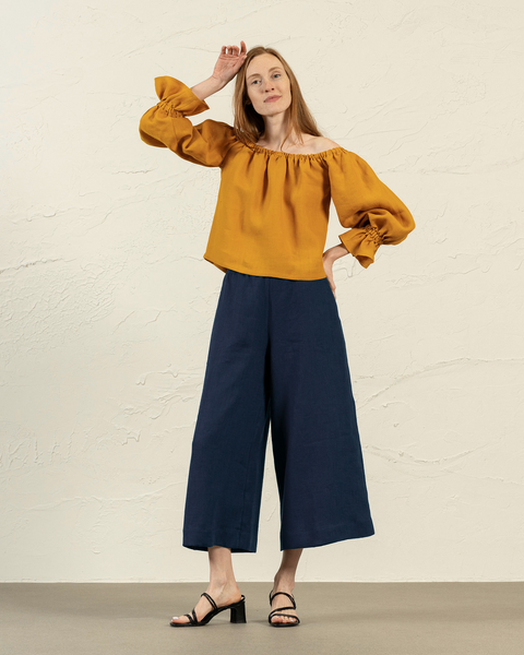 Linen Culottes Lana in Storm Blue matched with Linen blouse Jessica in spicy yellow