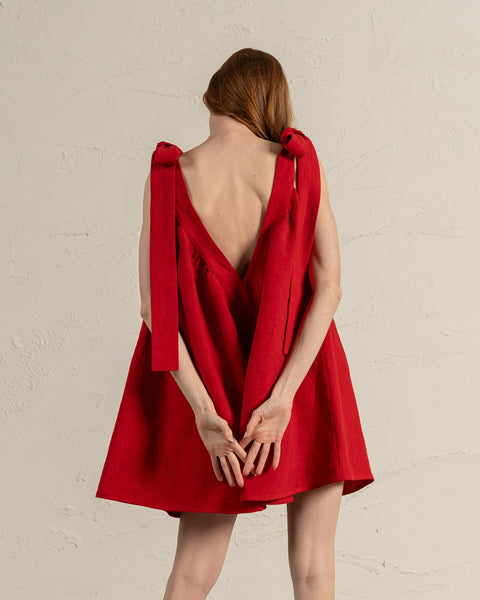 Linen Dress with Shoulder Ribbons Christina pure red
