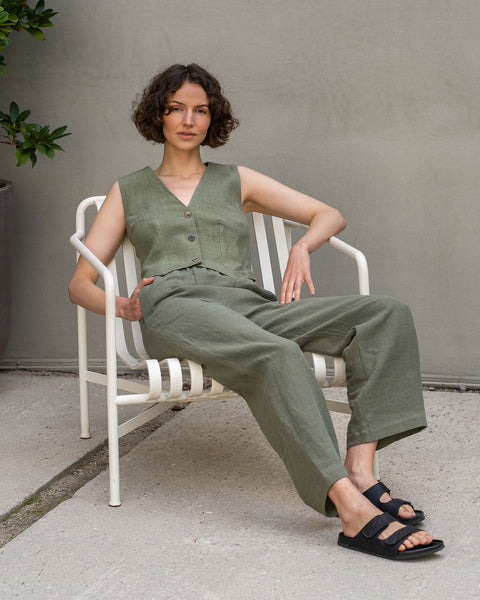 Linen Vest Ava in stone green color and linen pants