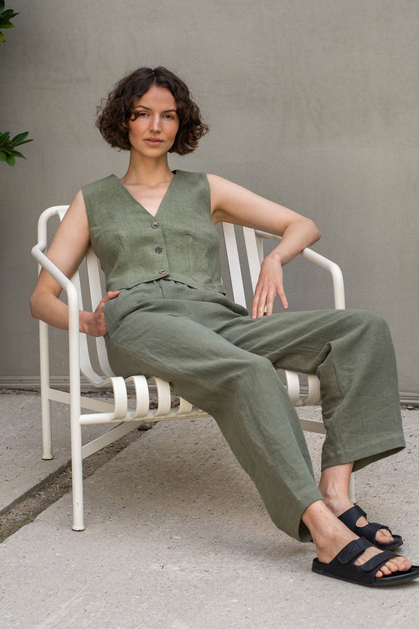 Linen Vest Ava in stone green color and linen pants