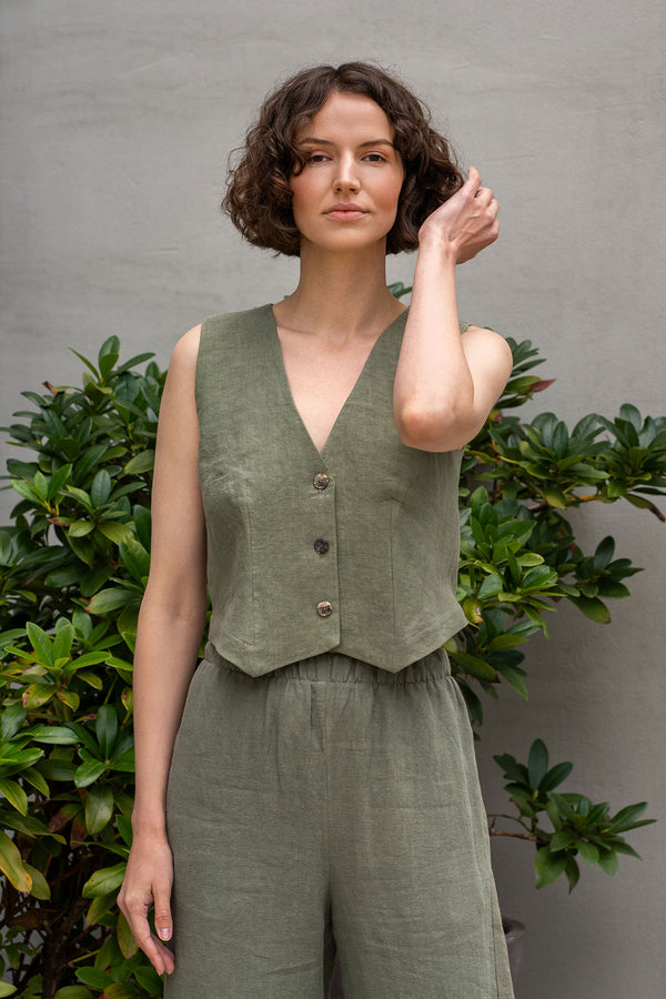 Linen Vest Ava in stone green color and linen pants