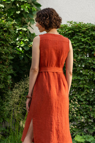 Robe en lin à col en V avec ceinture Sierra - L / Terre de Sienne