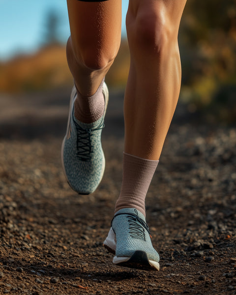 a woman running, wearing the menique women&#39;s cotton socks in beige color.