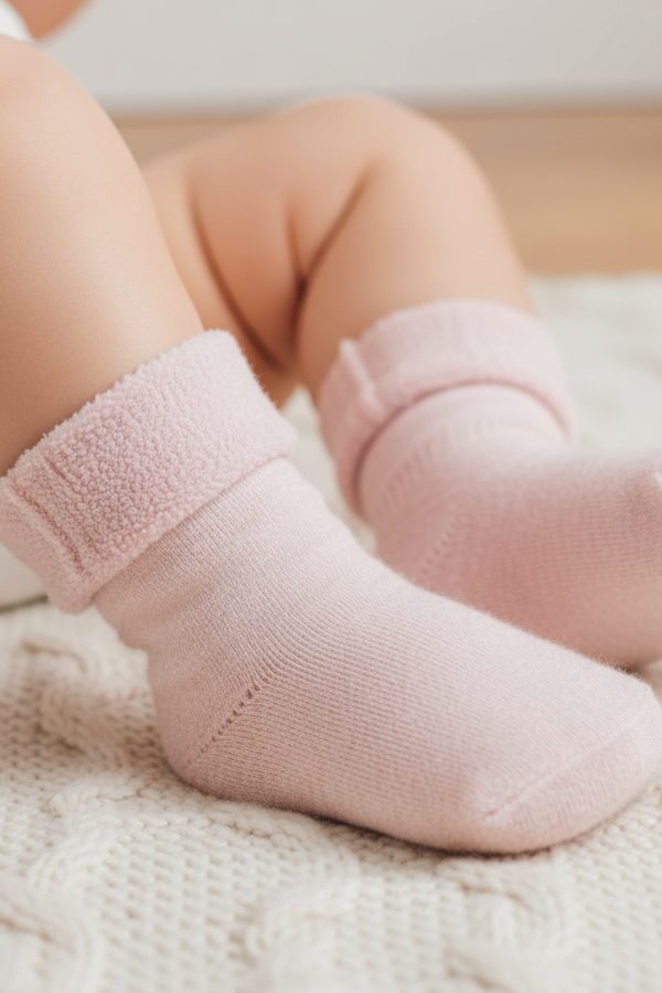 Close-up of a baby wearing soft pink Merino sherpa socks while sitting on a knitted cream blanket.