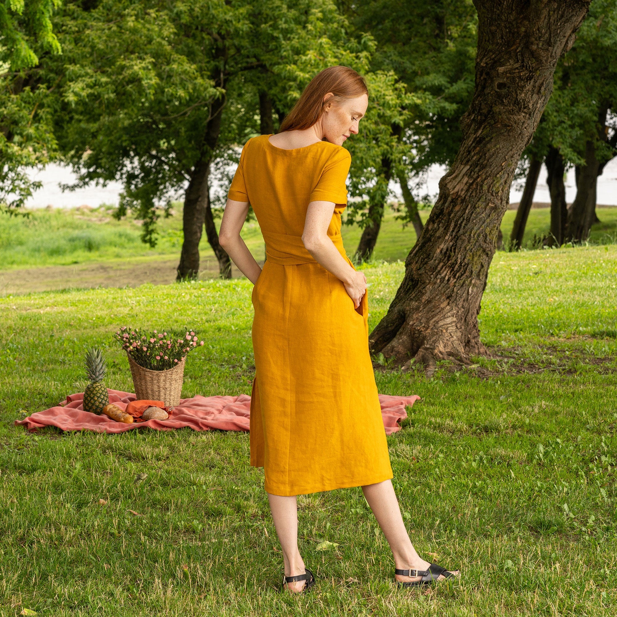 Linen Short Sleeve Obi Wrap Dress Milly