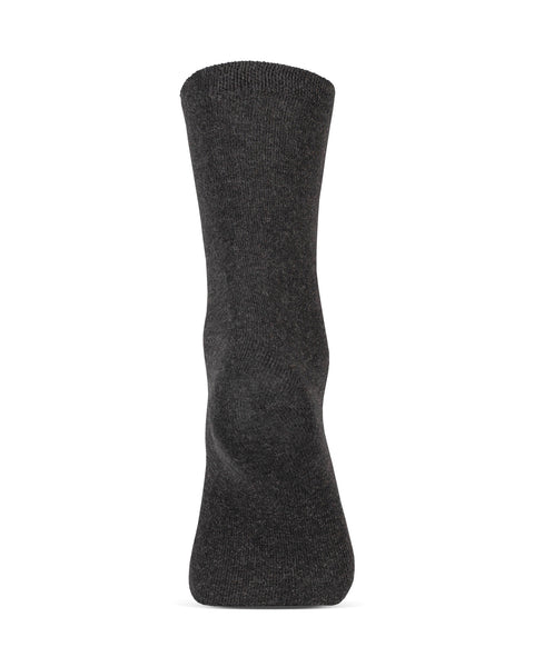 A single dark charcoal grey, fine-knit crew sock standing upright on a white background, viewed from the back. The smooth, solid texture of the sock is visible.