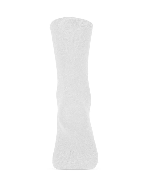 A single plain white, fine-knit crew sock standing upright against a white background, viewed from the back. The smooth texture of the fabric is shown.