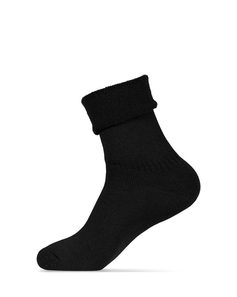 The menique men&#39;s merino lined sherpa socks in color black, in a white background, with the sock cuffed from a side view.