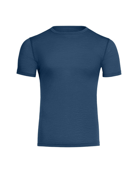 The menique men&#39;s 160 Merino wool T-Shirt in denim color, white background.