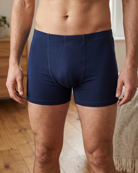 A male model shown from the torso to the upper thighs wearing form-fitting navy blue boxer briefs. He is standing in a brightly lit bedroom with a wooden dresser, a potted plant, and a bed with a textured blanket visible in the background.