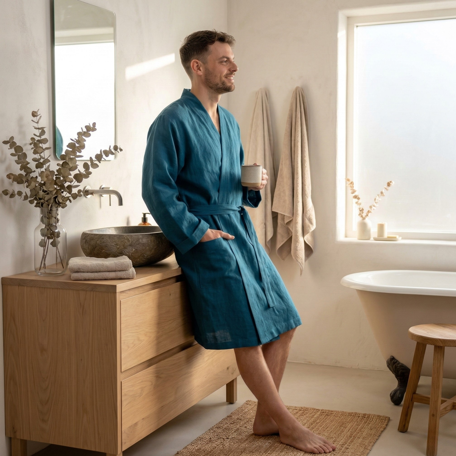 Man wearing natural linen bathrobe standing in a bright spa-style bathroom, lightweight breathable men’s linen robe with pockets and belt for morning routine, home comfort, and luxury linen loungewear.