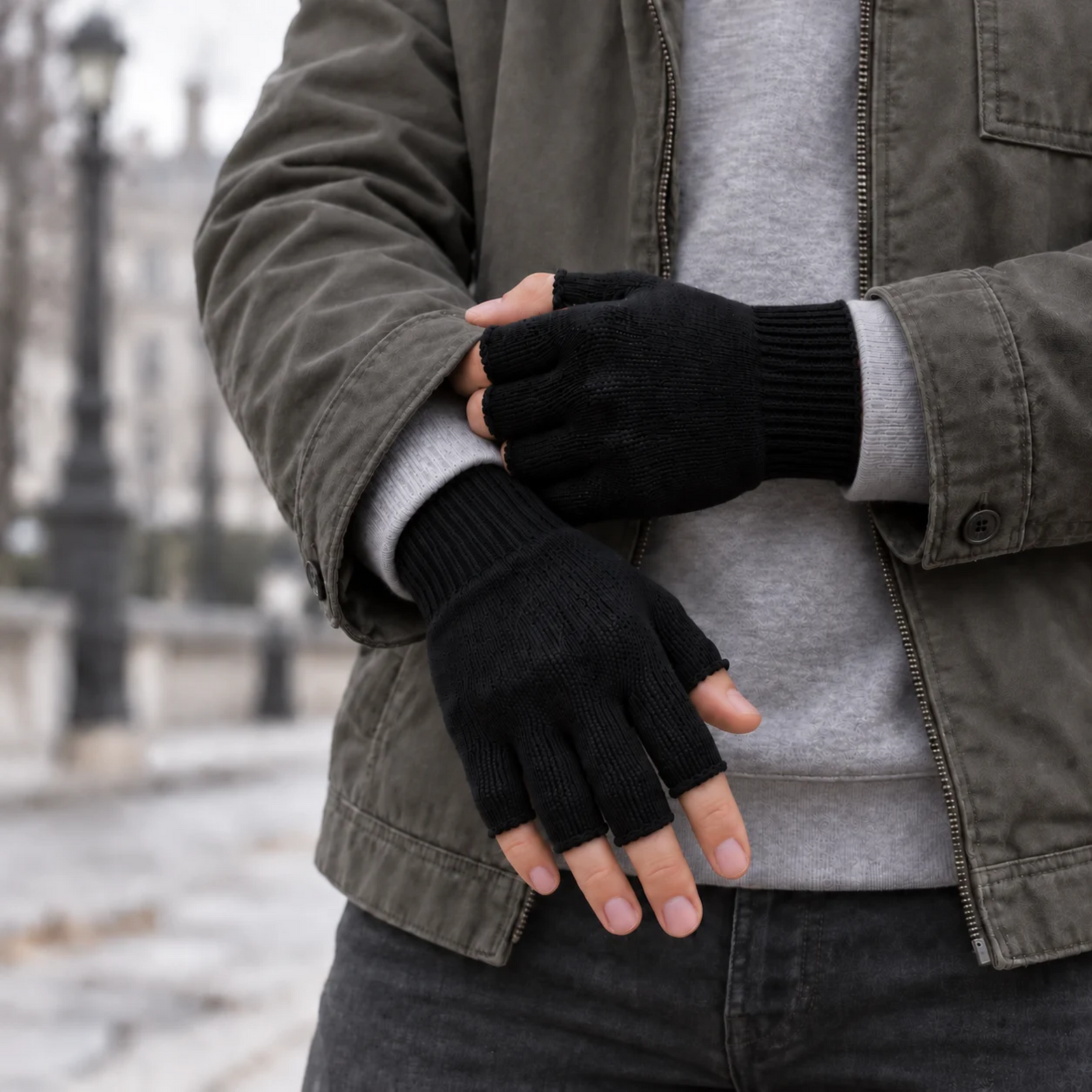 A pair of black knit fingerless gloves laid flat against a white background.