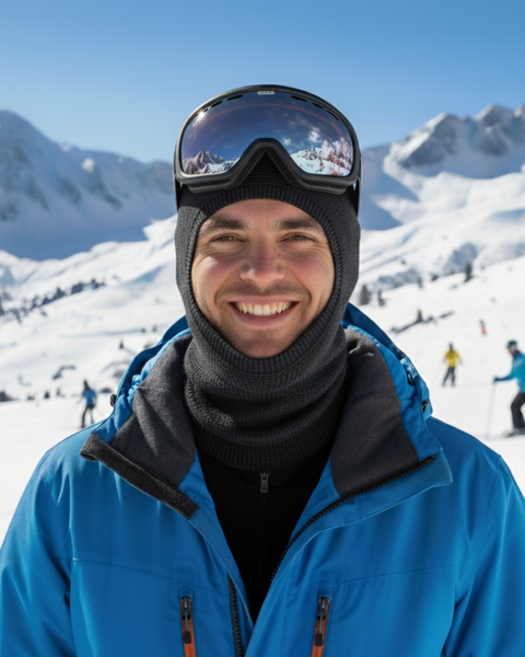 Smiling man on ski slopes wearing a dark gray Merino wool liner balaclava under a blue ski jacket and goggles.