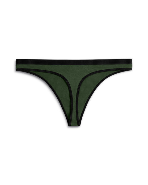 Back view of a women's merino wool thong in Dark Green, showing the thong back construction and black elastic waistband.