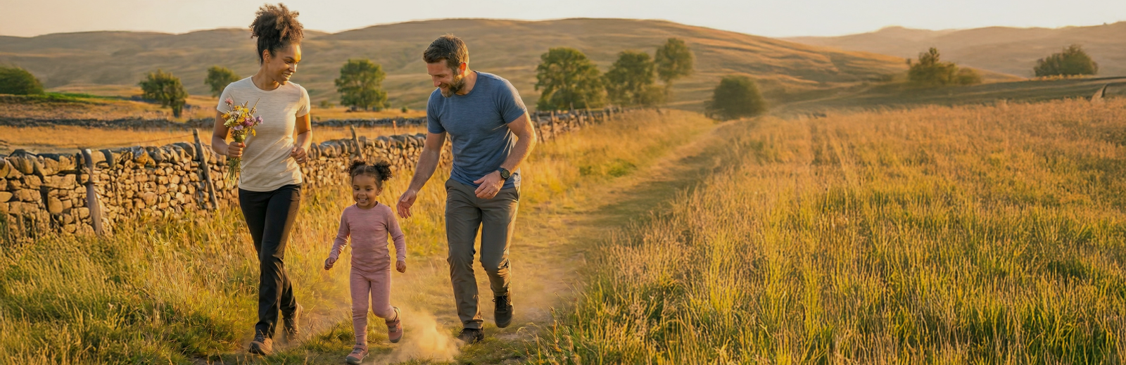 A wide landscape shot of a family of three running happily along a dirt path through a grassy meadow at sunset. A woman in a light t-shirt carrying a small bouquet of wildflowers, a young girl in a dusty pink outfit, and a man in a blue t-shirt are jogging toward the camera, kicking up a small cloud of dust. A dry stone wall lines the left side of the path, with golden rolling hills in the background.